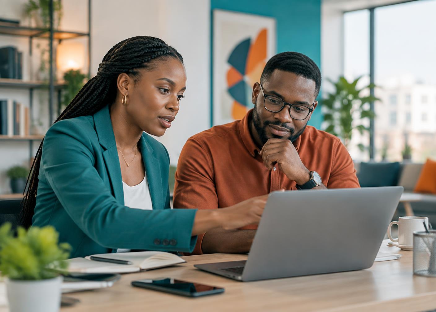 African professionals collaborating at a laptop